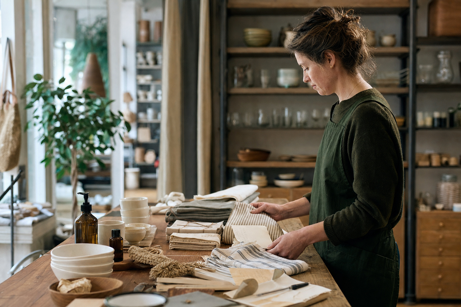 Winkelondernemer vergelijkt materialen en prijsnotities aan een houten toonbank
